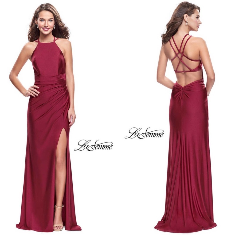 LA FEMME 26141 Burgundy High Neck Low back Gown